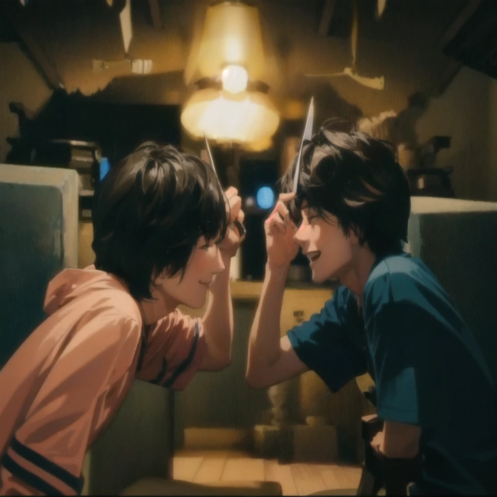 two young boys smile are playing with scissors in a dimly lit room, still from a live action movie, # film, scene from live action movie, moviestill, japanese live-action movie, wide film still, screenshot from a movie, high quality film still, lofi, highlight scene of the movie, still from the movie, photo 1 5 mm.