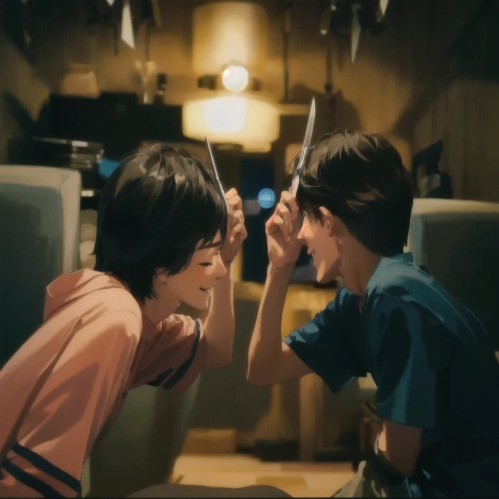 two young boys smile are playing with scissors in a dimly lit room, still from a live action movie, # film, scene from live action movie, moviestill, japanese live-action movie, wide film still, screenshot from a movie, high quality film still, lofi, highlight scene of the movie, still from the movie, photo 1 5 mm.