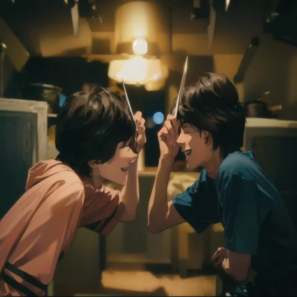 two young boys smile are playing with scissors in a dimly lit room, still from a live action movie, # film, scene from live action movie, moviestill, japanese live-action movie, wide film still, screenshot from a movie, high quality film still, lofi, highlight scene of the movie, still from the movie, photo 1 5 mm.