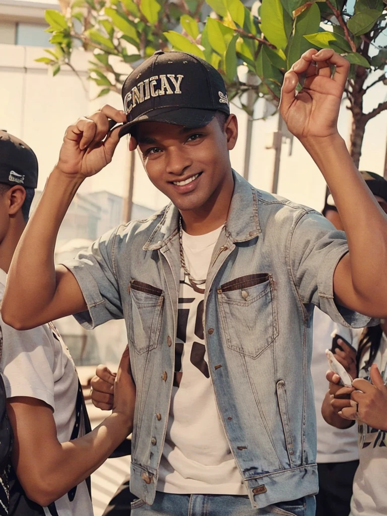 man of 40 years old, with cap, pop music singer, singing at an outdoor party with great joy, with many women.