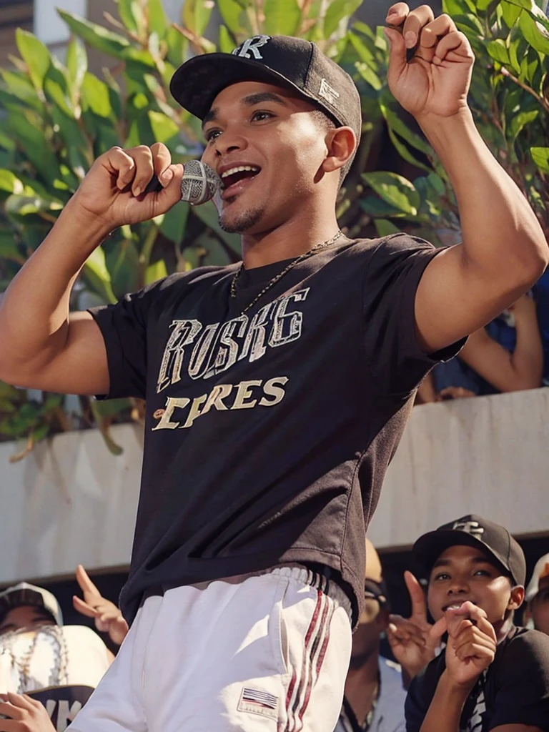 man of 40 years old, with cap, pop music singer, singing at an outdoor party with great joy, with many women.