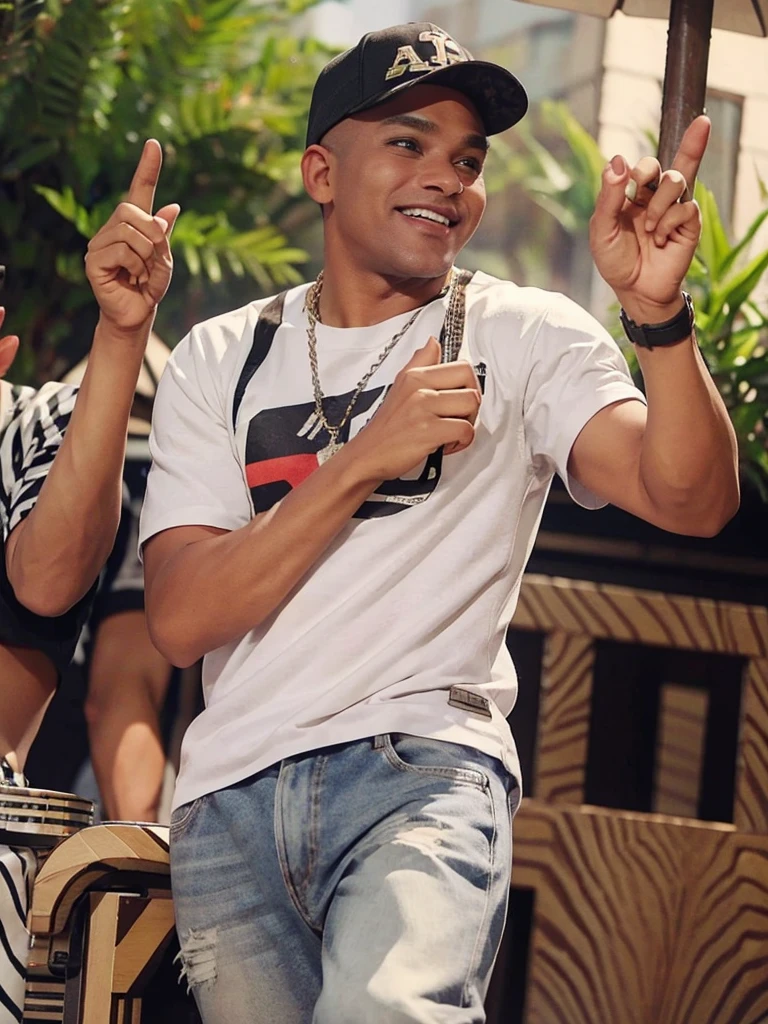 man of 40 years old, with cap, pop music singer, singing at an outdoor party with great joy, with many women.