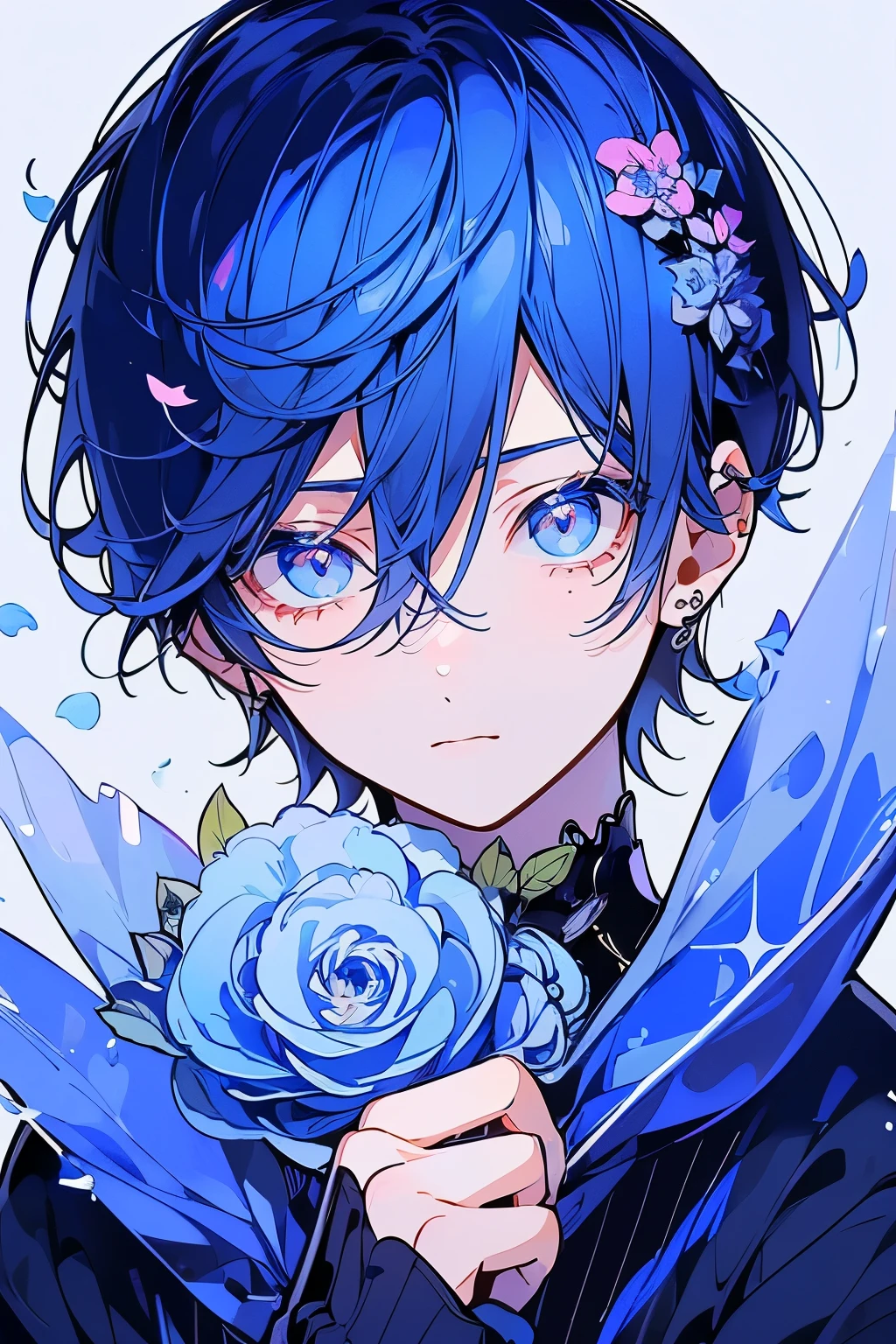 (Mastepiece), (Best Quality), Very detailed, 1 boy, Solo Shooting, Perfect Face, Beautiful Face, Very detailedな顔,(Blue Hair:1.3),(short hair:1.4)、(Big eyes:1.4),(Long eyelashes:1.4)、(Blue Eyes:1.3)、Lots of flowers、petal、(smile:1.3)