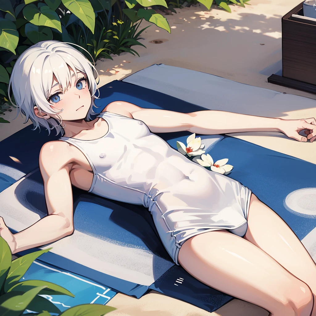 Young man with very light white skin, with white hair, rosy cheeks, with an embarrassed expression, wearing a swimsuit lying down