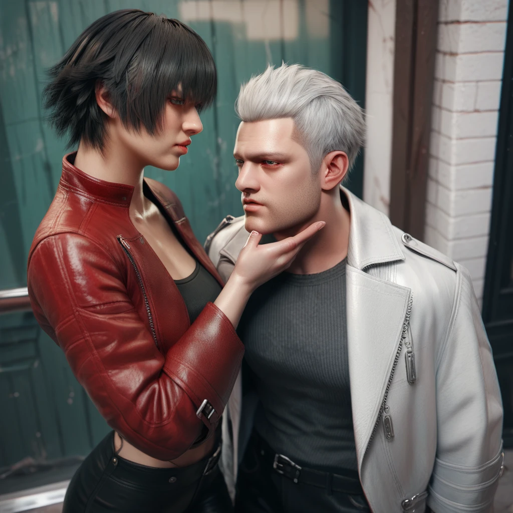  1 woman lady (from devil may cry 5:1.1), white jacket, black hair, black pants, with 1 beautyfull man, 1 man dante (from devil may cry 5:1.1), red jacket, white hair