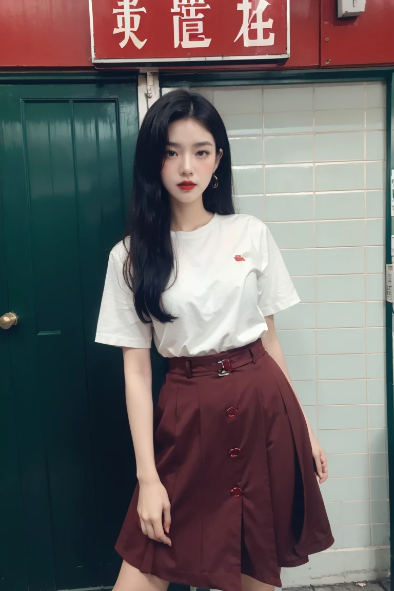 Long black curly hair, red lips, wearing a vintage red velvet skirt, blurred background, vintage Hong Kong cross street, street sign, green roller shutter door, white tile, 2046, Wong Kar Wai Cinematic Style, fashion photography, film filter