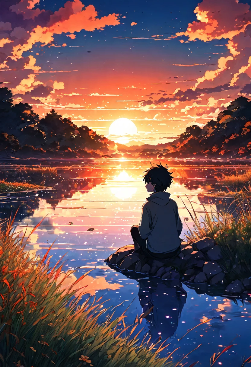 anime landscape of a boy sitting near a lake shore with small grasses, sunset with orange and red hellish clouds, anime nature wallpapers, beautiful anime scene, beautiful anime peace scene, Makoto Shinkai Cyril Rolando, beautiful anime scene, amazing wallpaper, anime art wallpaper 8k, anime background, art anime background, anime 4k wallpaper, anime art 4k wallpaper, anime art 4k wallpaper,
