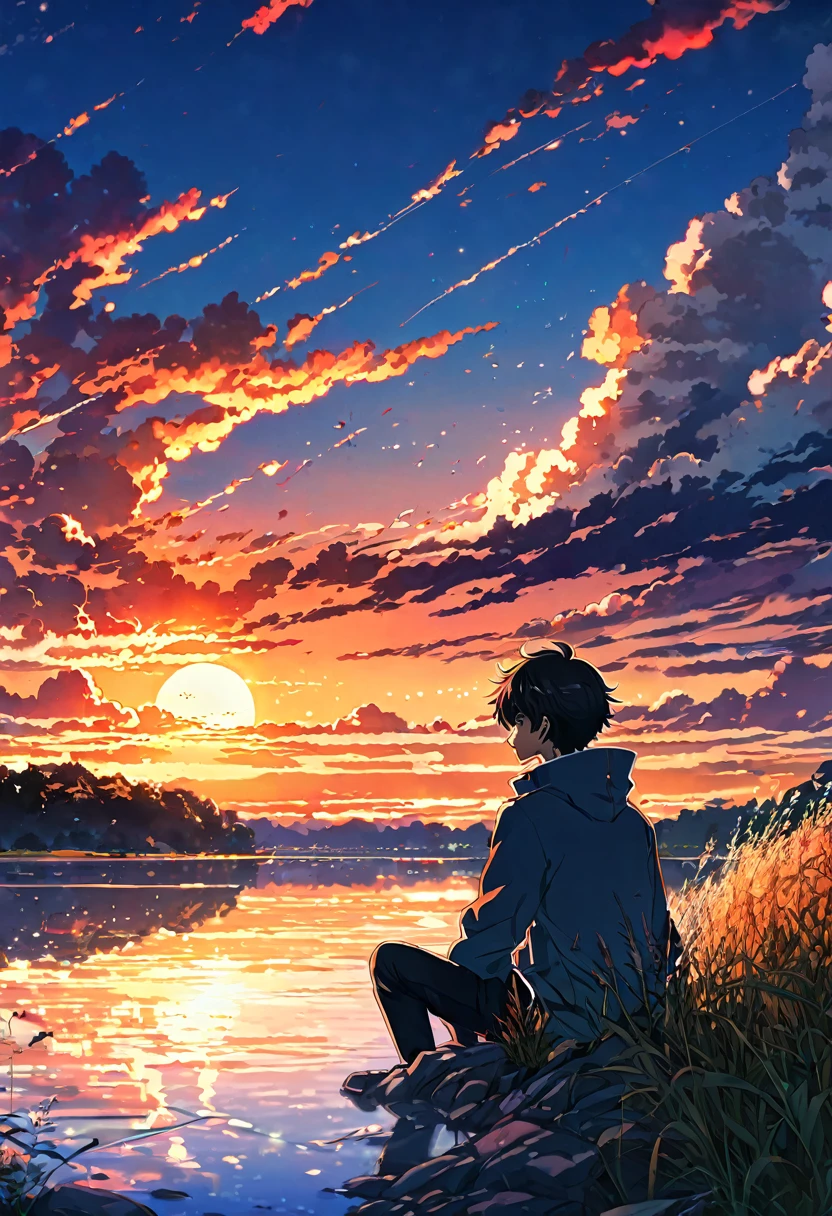 anime landscape of a boy sitting near a lake shore with small grasses, sunset with orange and red hellish clouds, anime nature wallpapers, beautiful anime scene, beautiful anime peace scene, Makoto Shinkai Cyril Rolando, beautiful anime scene, amazing wallpaper, anime art wallpaper 8k, anime background, art anime background, anime 4k wallpaper, anime art 4k wallpaper, anime art 4k wallpaper,