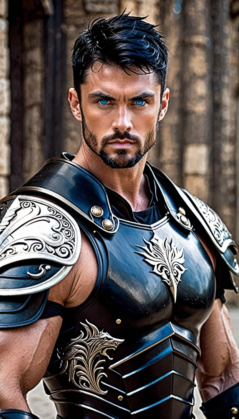 30 year old man Dark King with black armor blue eyes short black hair strong white and handsome warrior with muscles