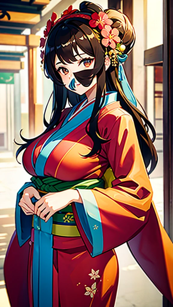 cute brunette girl with brown eyes with big breasts in a kimono smiles and looks at the camera full-leight