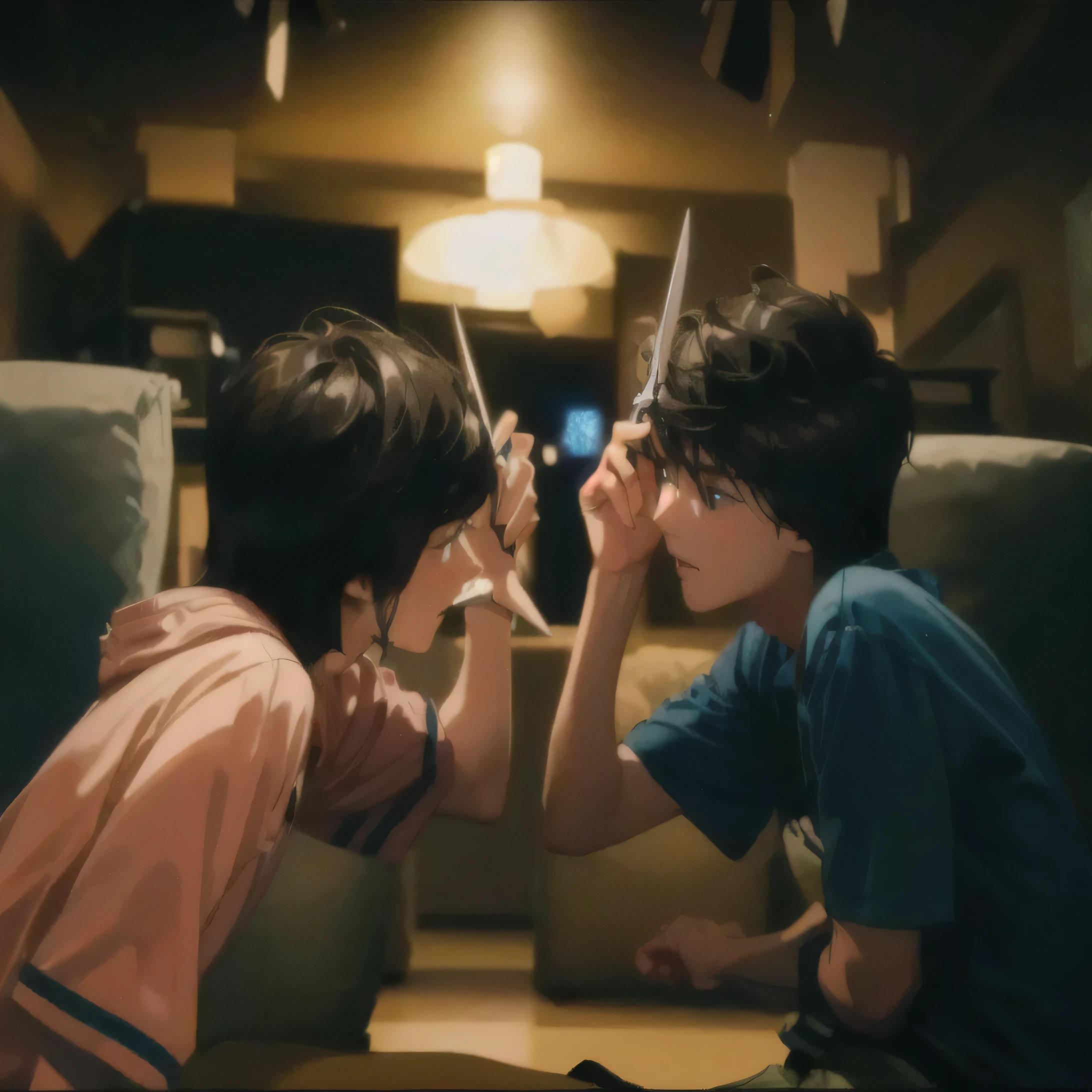two young boys are playing with scissors in a dimly lit room, still from a live action movie, # film, scene from live action movie, moviestill, japanese live-action movie, wide film still, screenshot from a movie, high quality film still, lofi, highlight scene of the movie, anime film still, still from the movie, photo 1 5 mm