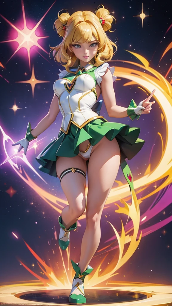 (best quality, high resolution, very sharp), (magical beautiful girl:1.2). standing, full body view,((She spreads her legs and shows her pussy in a latex miniskirt.))