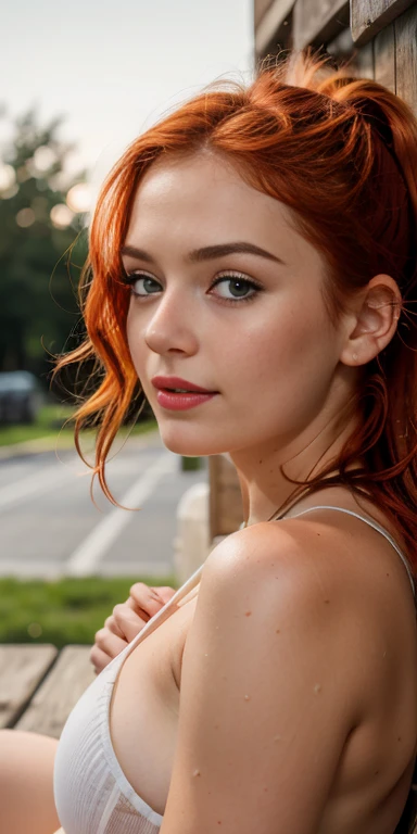 Photo oF a 18 year-old European girl, .RAW, very beautiFul woman, ( red hair ponytail) long red hair , redhead , freckles on cheeks , Nice smile , big smile , ((portrait)), ((detailed face:1.2)), ((detailed Facial Features)), (Piel Finamente detallada), pale skin、a sexy(cold color), wet, wet, ReFlectores, (Tabletop) (proporciones perFectas)(Fotos realistas)(The best quality) (detailed) FotograFiado con una EOS R5 de Canon, 50mm lens, F/2.8, NFFSW, (8k) (wallpaper) (cinematic lighting) (dramatic lighting) (Sharp Focus) (Convoluted) fashion, scenery , evening , Red lips, green eyes  , 18 year old teenager , sexy , sitting on the grass , posing sexy