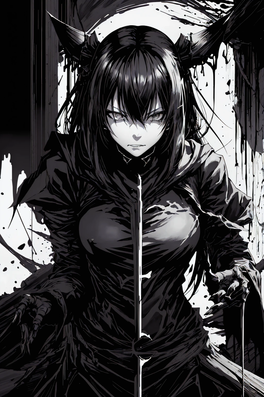 v5lcn style,ink art,(Best Quality,masutepiece:1.2),(black and white comic core:1.1),(extreme high contrast),Dark ink,1girl in,A dark-haired,Shadow on face、8K,resolution,High School Girl,Sailor Uniform,