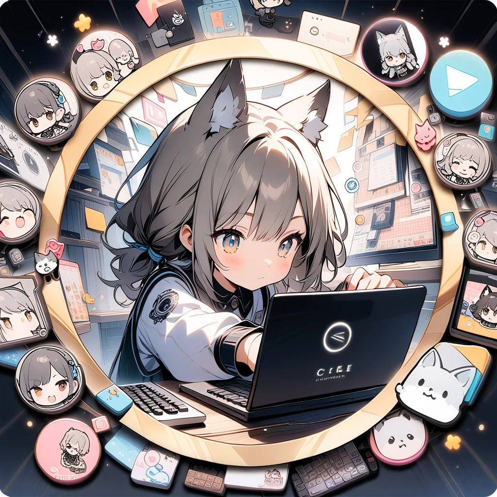 (circle frame1.7),1girl,solo,wolf ears,, masterpiece art, on the computer, keyboard, pc,typing on the keyboard, cute girl,icon, circle frame,