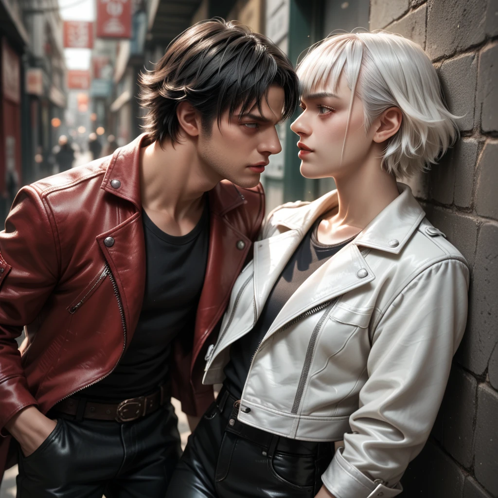  1 woman lady (from devil may cry 5:1.1), white jacket, black hair, black pants, with 1 beautyfull man, 1 man dante (from devil may cry 5:1.1), red jacket, white hair