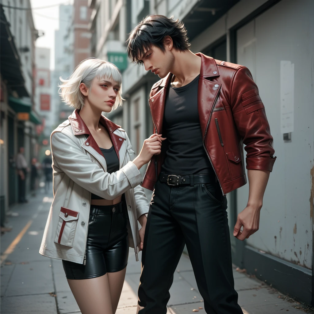  1 woman lady (from devil may cry 5:1.1), white jacket, black hair, black pants, with 1 beautyfull man, 1 man dante (from devil may cry 5:1.1), red jacket, white hair