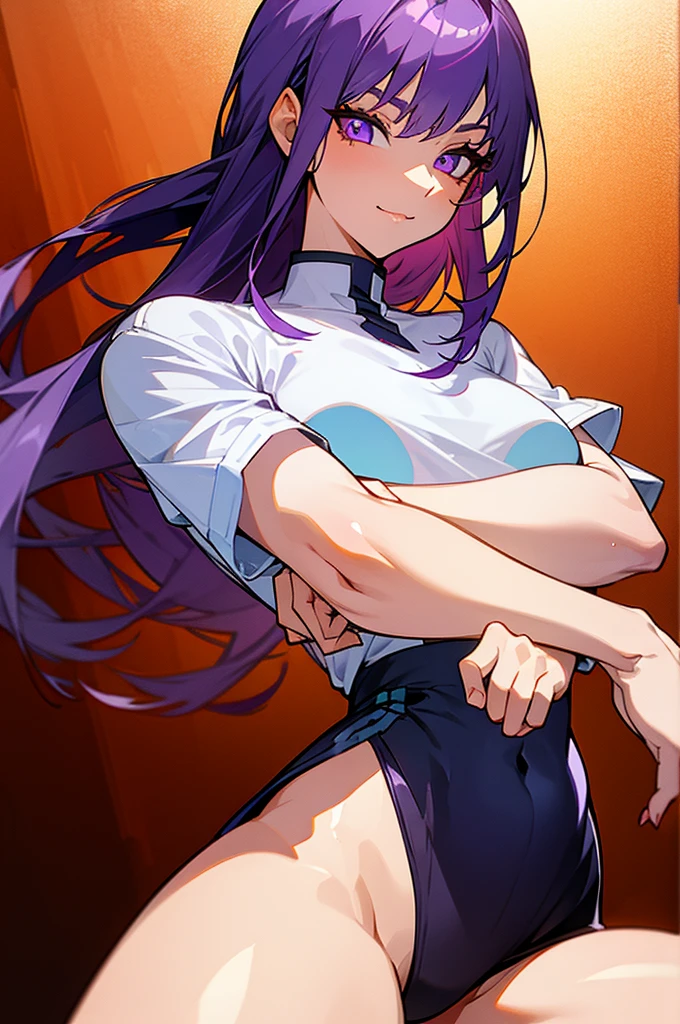 A beautiful girl standing front view with long dark purple hair with dragon features, beautiful face, perfect face, purple eyes, beautiful eyes, perfect eyes, a beautiful smile, a nice look, attractive look, defined face, clear face, slim body, perfect body, athletic body, beautiful body, wide build, large bust, defined bust, wide thighs, defined thighs, wearing a jacket, under a short t-shirt, wearing a skirt, in anime style, high quality, sharp image, clear image, no errors, perfect image