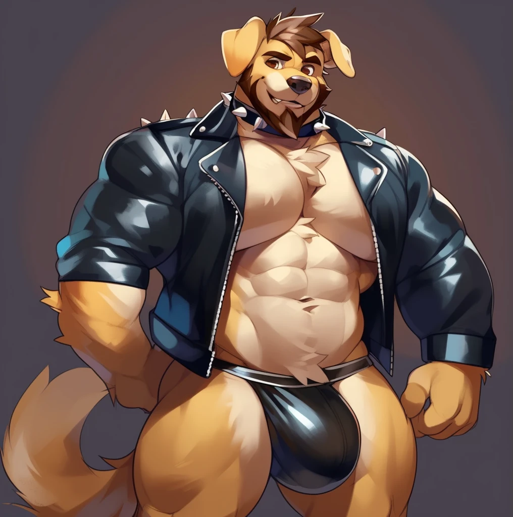 Solo, male (((retriever, brown eyes, brown iris, black pupils, muscular, big pecs, abs, folded ears, brown body, tan fur, brown hair, beard, chest tuft, tail, spiked collar, leather jacket, black jockstrap, big bulge))) standing, smiriking, full body, perfect anatomy, by darkgem, by mystikfox61, by glitter trap boy