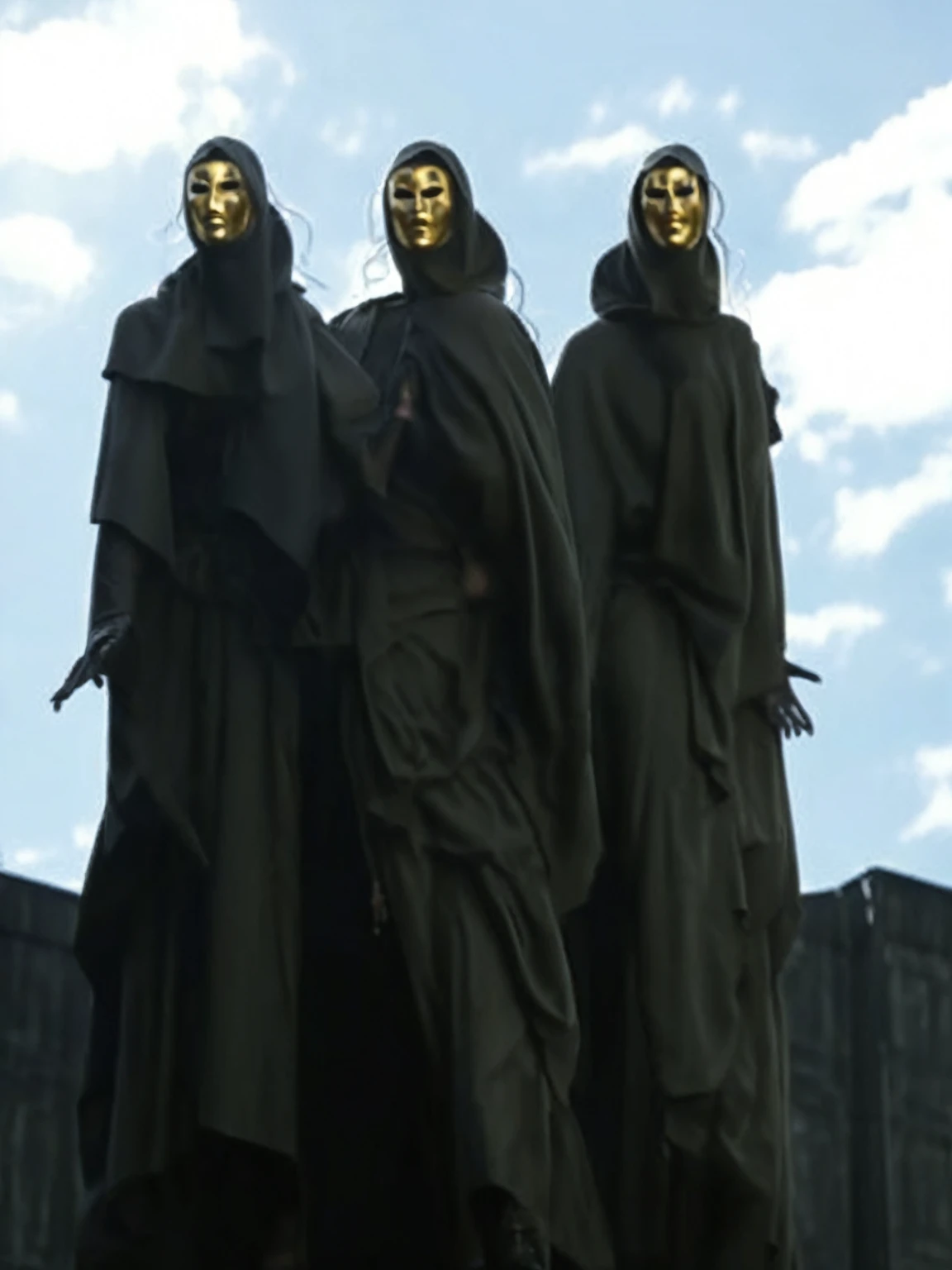 a golden masked figure, dramatic dark clouds, moody atmospheric lighting, intricate ornamental details, highly detailed, 8k, photorealistic, dark fantasy, cinematic, chiaroscuro lighting, dramatic shadows, golden accents, ominous atmosphere, striking contrast, muted color palette
