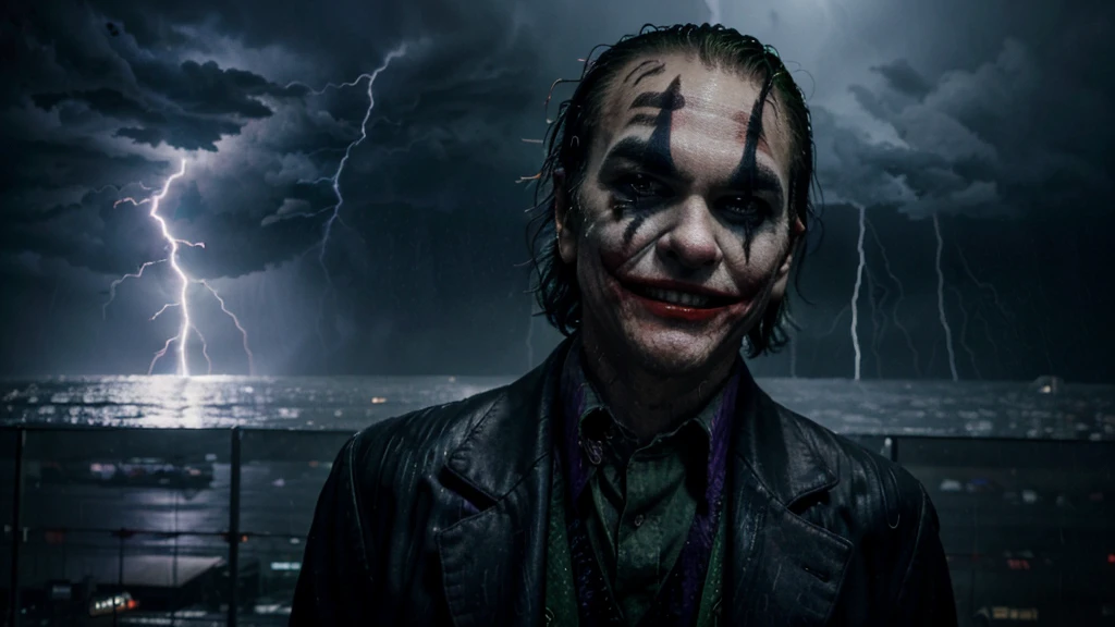 ((JOKER)), (scary), (Evil smile), ((rainy weather))، ((Legendary glowing effects)), ((Thunder and lightning in the background)), Paranoia, (A sharp and strong smile)