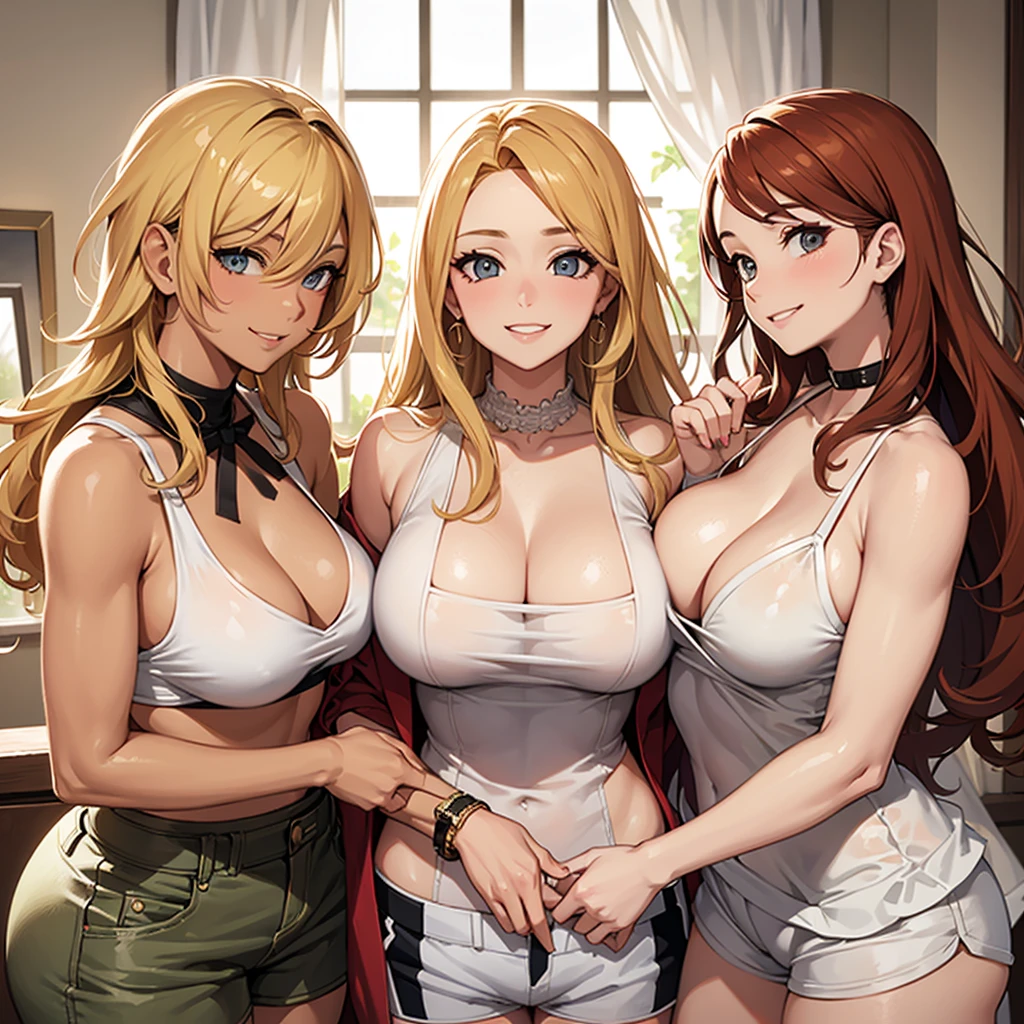 three ???? women looking down at 4 years old boy with blonde hair and shorts, flirtatious smiles, women have auburn hair, boy has sunglasses