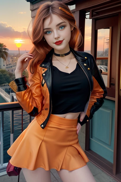(Masterpiece, The best quality:1.2), only, 1girl , beautiful teenage girl europea , Caucasian , mlpshimmer, Nice smile , make-up , Red lips , looking at the viewer, small black jacket , Orange T-shirt , purple skirt , sexy outfit , sunset shimmer , 18 years , beautiful teenage girl , teen model , turquoise eyes , within, fourth gamer , House , Full body photo