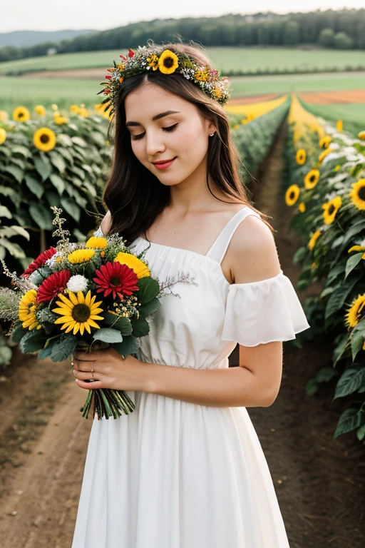 elegant woman 16 years old dark hair white dress casual wreath on her head eyes closed head down colorful flowers in her hands Standing in front of a farm