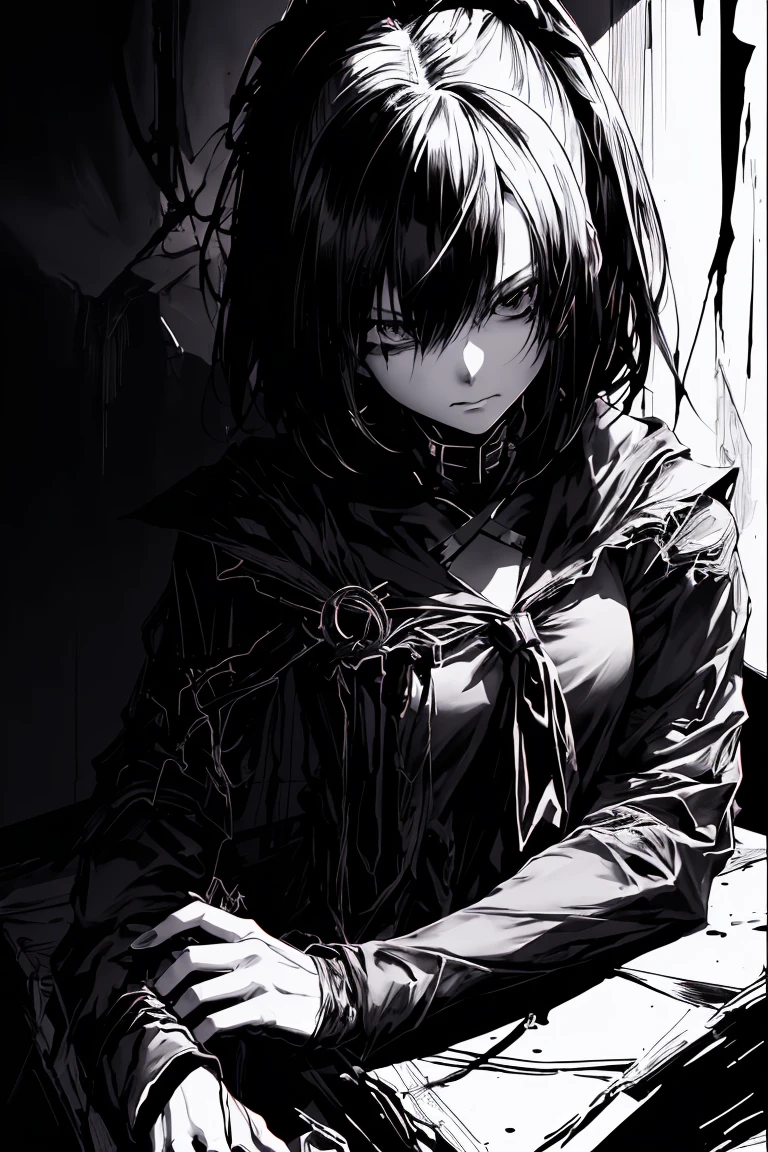 v5lcn style,ink art,(Best Quality,masutepiece:1.2),(black and white comic core:1.1),(extreme high contrast),Dark ink,1girl in,A dark-haired,Shadow on face、8K,resolution,High School Girl,Sailor Uniform,