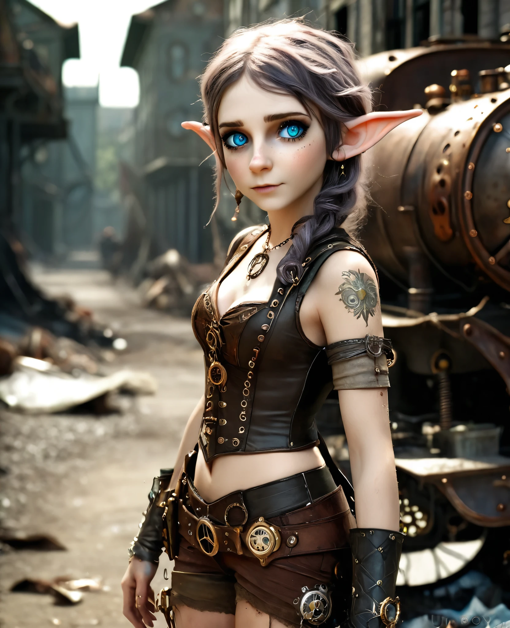 cute elf, (toon elf with extremely cute eyes)), (((elf))), ((((high resolution))), (((extremely detailed))), ((masterpiece)), dramatic shadows, depth of field, analog photo style, (world in which are collide steampunk and postapocalyptic vibes), postapocalyptic cute female in steampunk aesthetic, torn dirty clothes, depth of field, full body shot, unzoomed, (perfect body: 1.4), (sidecut short hairstyle), (stalking is quite common, although not the best way to make a living), stylized atmosphere of unreality, dark atmosphere, dynamic pose, in motion, Armageddon, increase cinematic lighting, highly lifelike skin texture, parted lips, weary eyes, fine eyes, whitened skin, random hair colour, doomsday aura, (Mad Max world), (The Walking Dead world)