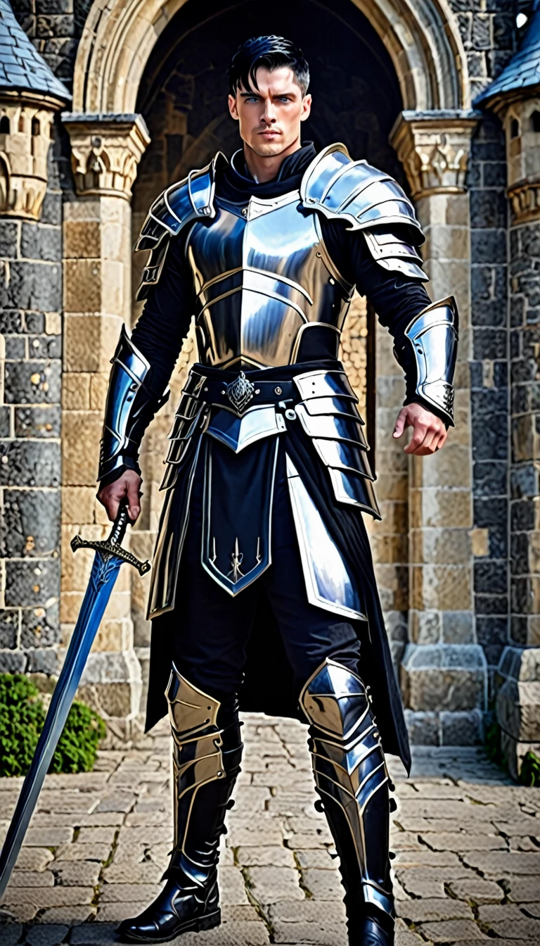 30 year old man Dark King with black armor blue eyes short black hair strong white and handsome warrior with muscles inside the castle