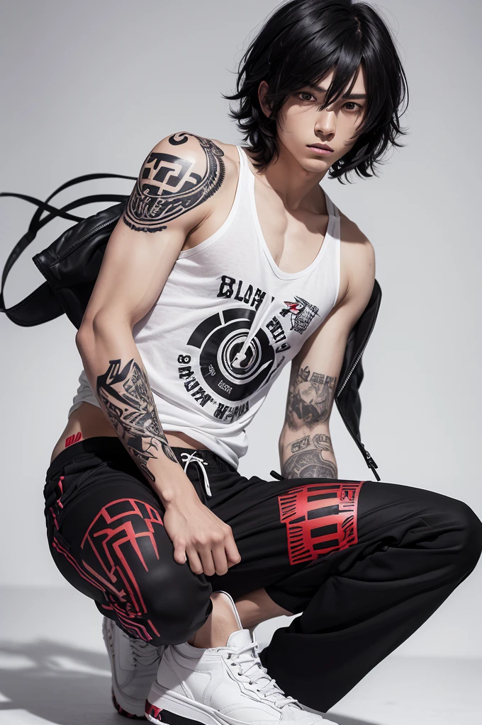 An anime boy Hair: blackw, smooth and disheveled.
chemise: White with the word "Champion" written on the chest.
pants: Black with red details, including a wavy line and a white pattern on one of the legs.
arms: Black tribal designs tattooed on both arms.
shoes: Whites.