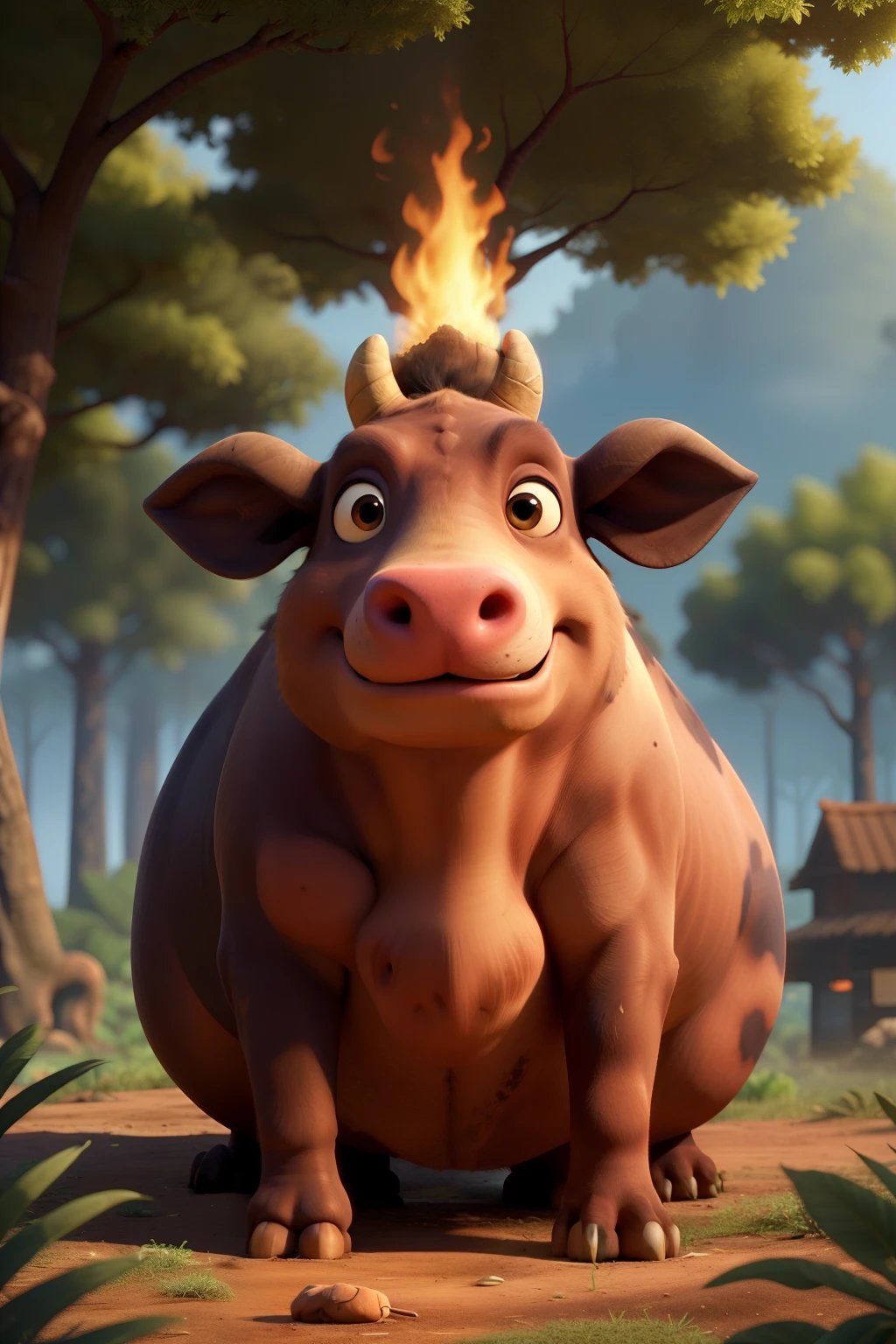big snake image (legend of the tata ox) on fire and with a forest with all the trees deforested behind it
