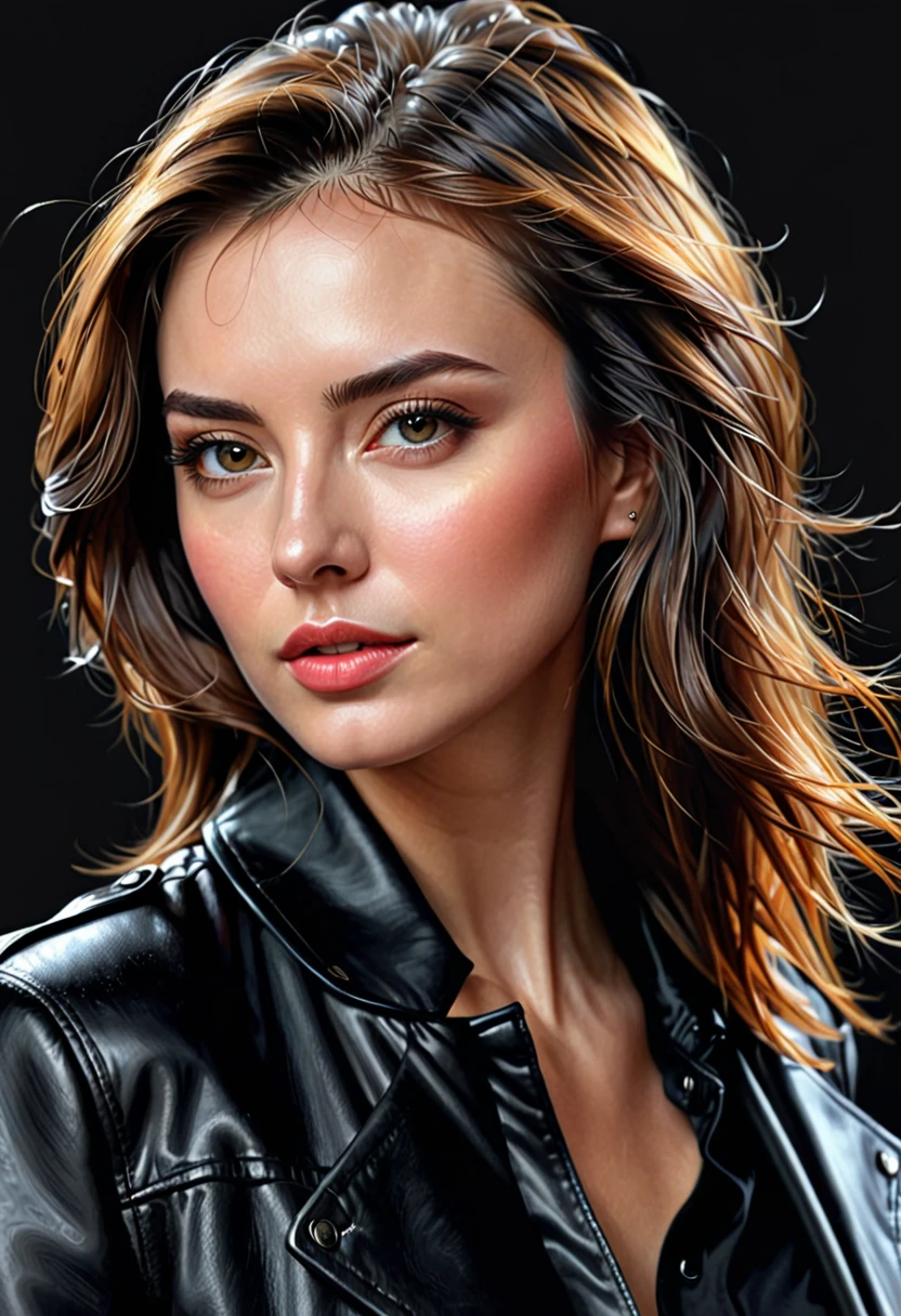 a close up of a woman with a black jacket and a black shirt, ultra realistic digital painting, very realistic digital art, high quality portrait, highly realistic digital art, realistic digital painting, photorealistic digital painting, ultra realistic digital art, ultrarealistic digital art, hyper realistic digital painting, realistic digital art, sharp looking portrait