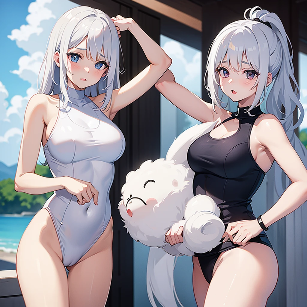 Woman with very light white skin, with white hair, rosy cheeks, with an embarrassed expression, wearing a swimsuit