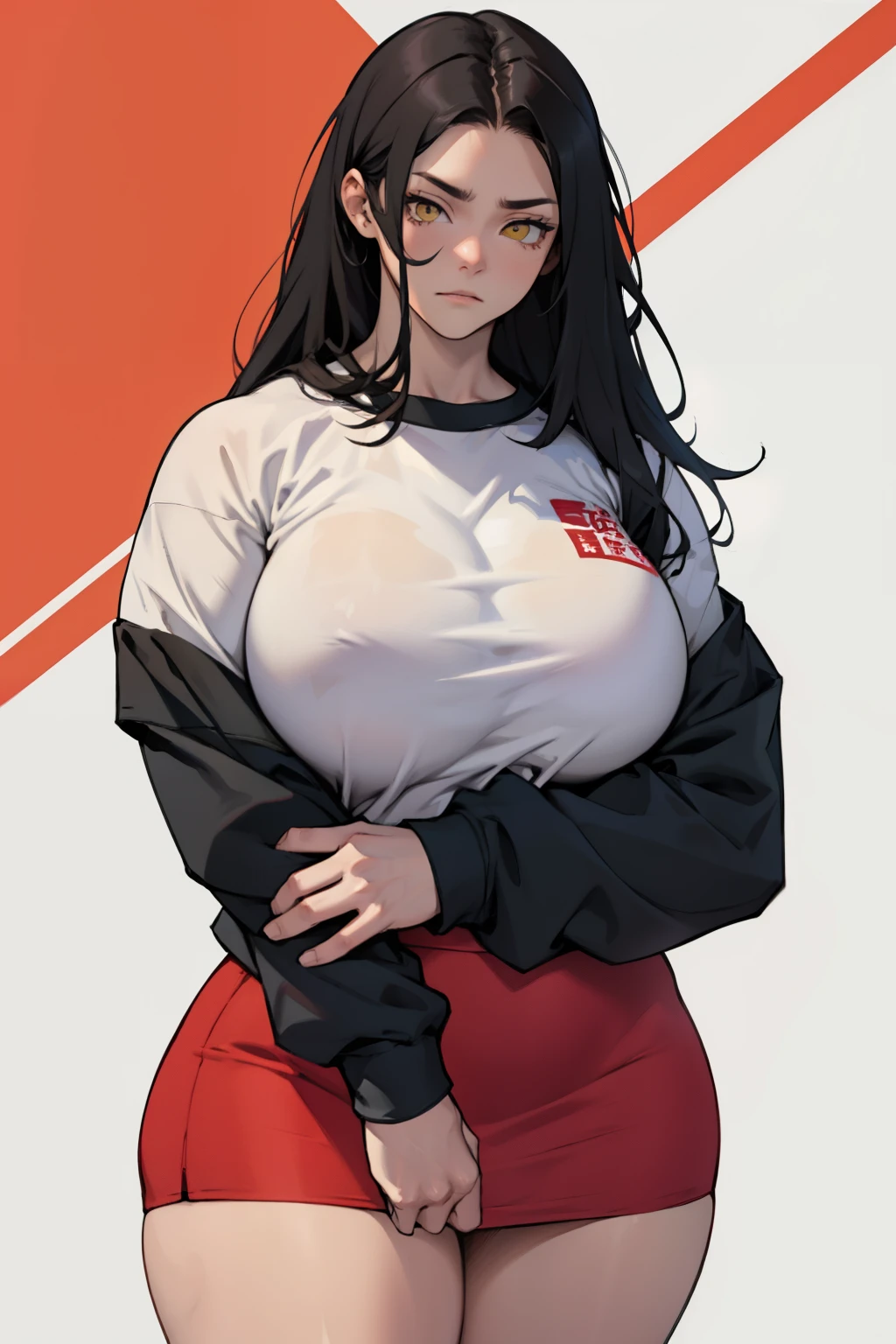 huge muscles huge breasts huge thighs pale skin black hair yellow eyes very long hair muscular girl sad expressionless plated skirt long sleeve long sleeve over-sized t-shirt over-sized t-shirt