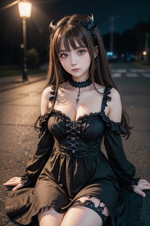 anime girl con cuernos y un vestido con una calavera., ((light brown hair))( in dress, gothic maiden anime girl, cute anime waifu with a nice dress, anime moe art style, anime girl wearing a black dress, night, (anime girl), 4K anime style, curvy little loligh quality anime art style, anime girls, demon anime girls