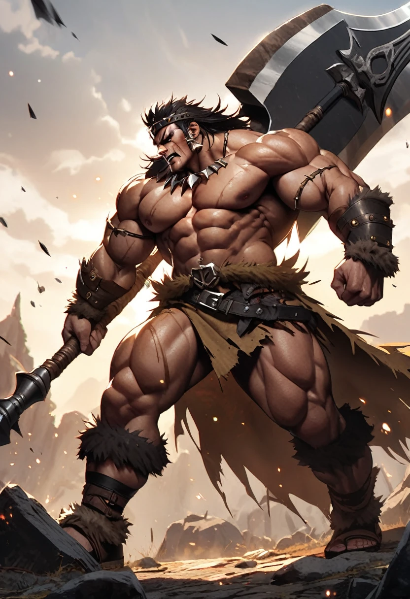 Barbarian king, muscular, huge axe, armor