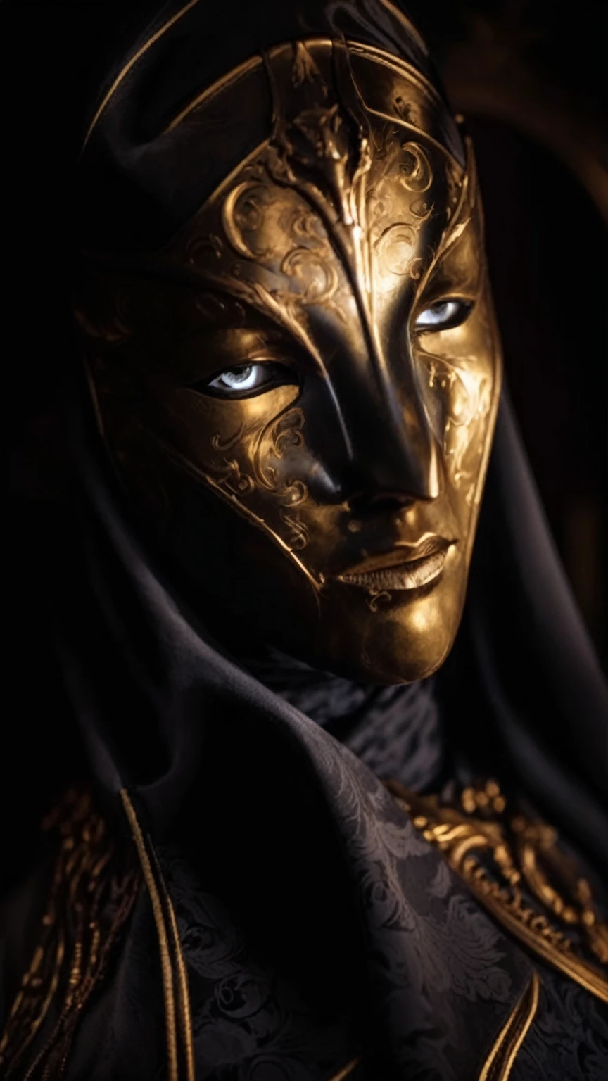 a golden masked figure, dramatic dark clouds, moody atmospheric lighting, intricate ornamental details, highly detailed, 8k, photorealistic, dark fantasy, cinematic, chiaroscuro lighting, dramatic shadows, golden accents, ominous atmosphere, striking contrast, muted color palette