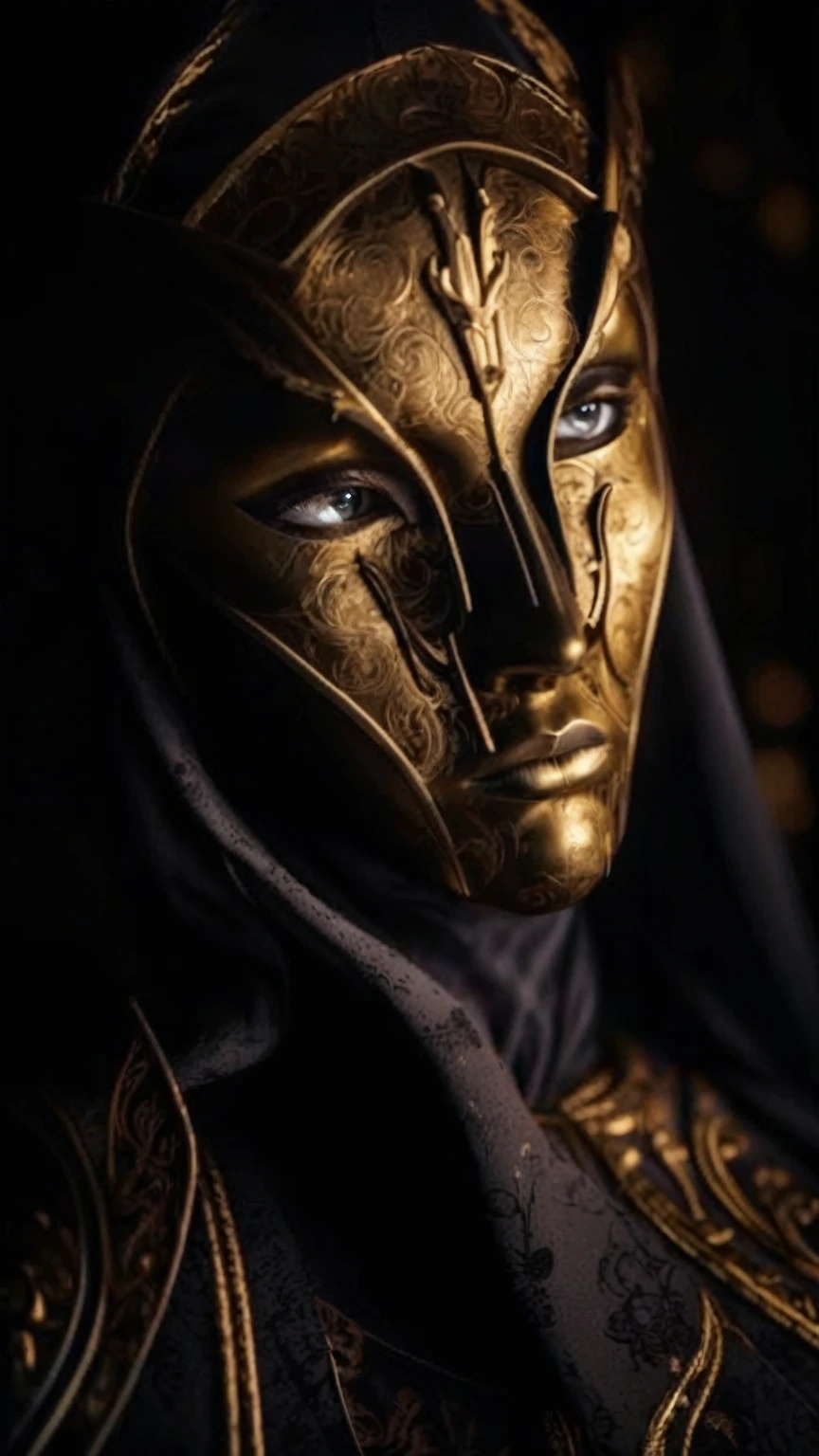 a golden masked figure, dramatic dark clouds, moody atmospheric lighting, intricate ornamental details, highly detailed, 8k, photorealistic, dark fantasy, cinematic, chiaroscuro lighting, dramatic shadows, golden accents, ominous atmosphere, striking contrast, muted color palette