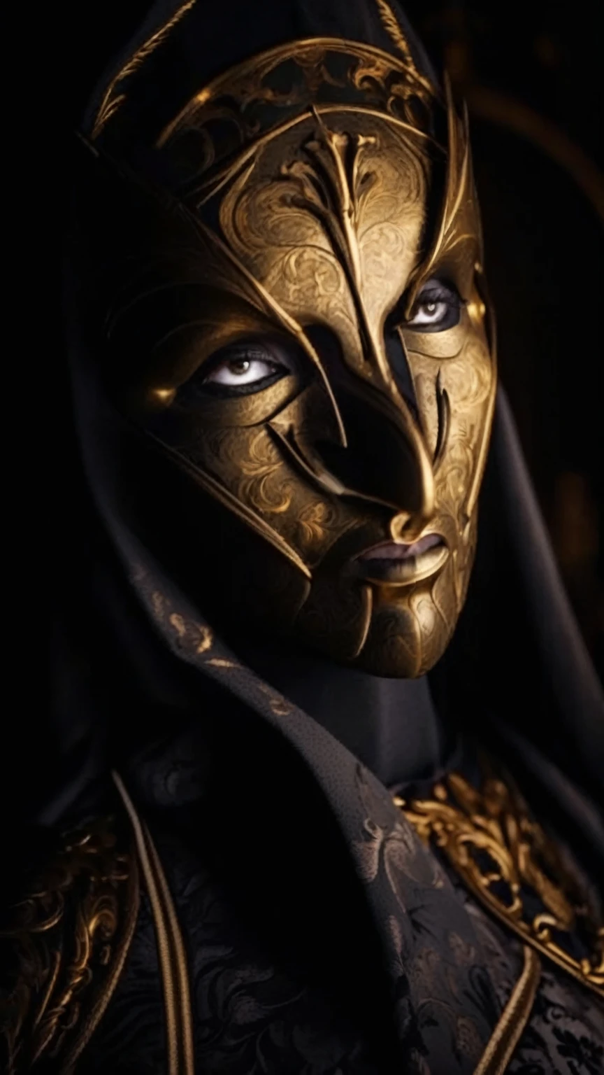 a golden masked figure, dramatic dark clouds, moody atmospheric lighting, intricate ornamental details, highly detailed, 8k, photorealistic, dark fantasy, cinematic, chiaroscuro lighting, dramatic shadows, golden accents, ominous atmosphere, striking contrast, muted color palette