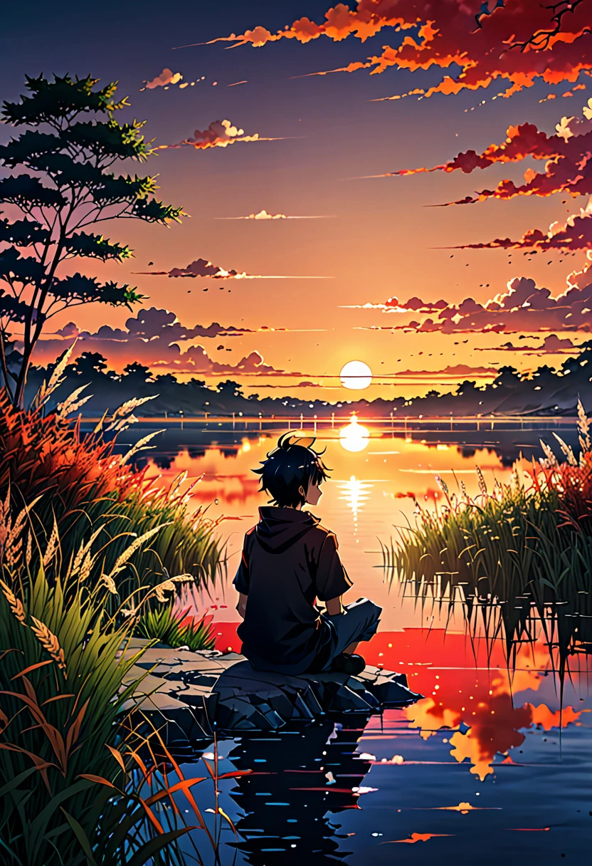 anime landscape of a boy sitting near a lake shore with small grasses, sunset with orange and red hellish clouds, anime nature wallpapers, beautiful anime scene, beautiful anime peace scene, Makoto Shinkai Cyril Rolando, beautiful anime scene, amazing wallpaper, anime art wallpaper 8k, anime background, art anime background, anime 4k wallpaper, anime art 4k wallpaper, anime art 4k wallpaper,