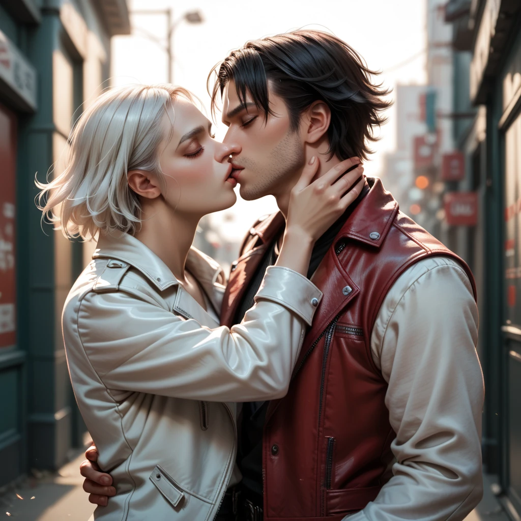  1 woman  black hair lady (from devil may cry 5:1.1), white jacket, black pants, with 1 beautyfull man, 1 man white hair dante (from devil may cry 5:1.1), red jacket, kissing