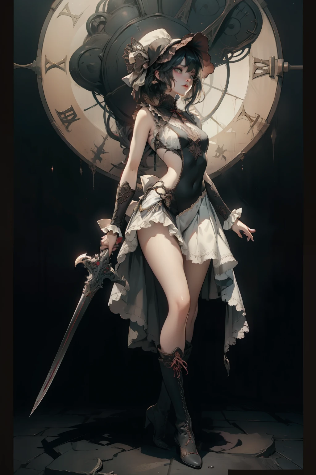 ((best quality)), ((masterpiece)), (detailed), very skinny, prominent collarbones, skinny arms, flat stomach, visible hip bones, red and white clothing, Bloodborne inspired, occult aesthetic, occult, detailed and intricate steampunk and detailed gothic, NSFW, Very dramatic and cinematic lighting, cosmic horror, grim-dark, side-lighting, perfect face, NSFW, Fluttering lace flared long knee length dress with frilly petticoats, knee length dress, pleated petticoats, lolita dress, petticoats gothic lolita, complex lace boots, side-lighting, gothic lolita aesthetic, wielding a mighty sword with mechanical components, carbine, NSFW, beautiful small breasts, small breasts, full body, whole body, body, NSFW, full body, whole body, head-to-toe NSFW