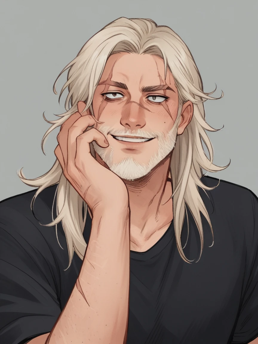 score_9, score_8_up, score_7_up, score_6_up, score_5_up, score_4_up,   wh33z13, 1 adult man, smiling, white skin, long hair, facial hair, big scar on letf eye, blank blind left eye