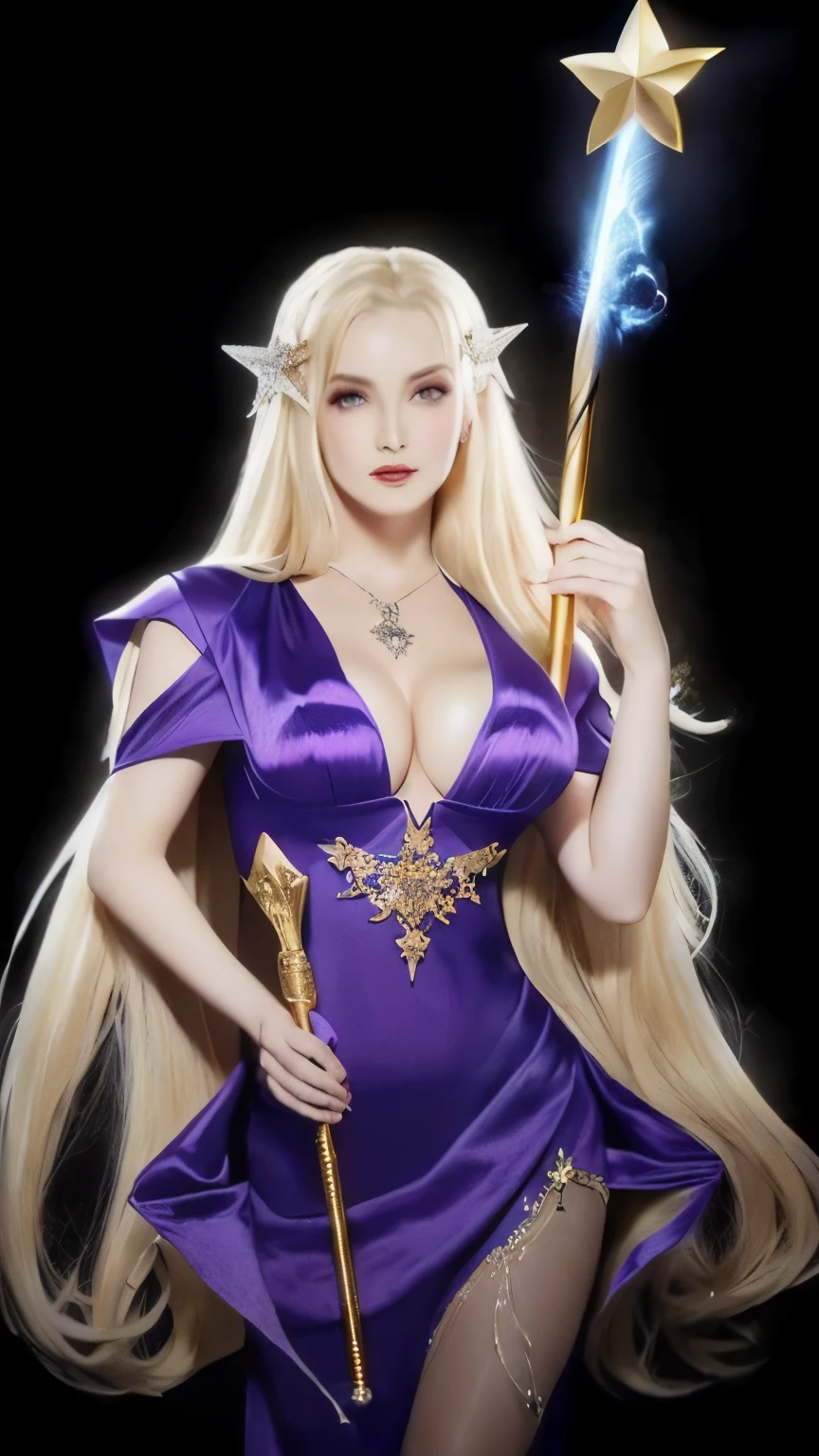 a woman in a purple dress holding a star and a wand, elf queen, dark elf princess, divine render, full body xianxia, sorceress, diablo 4 queen, octante render, render of mirabel madrigal, an elf queen, dark elf maiden, cyarine, evil sorceress, alluring mesmer woman, freya, blonde hair, exposed cleavage and midriff, gold jewelry