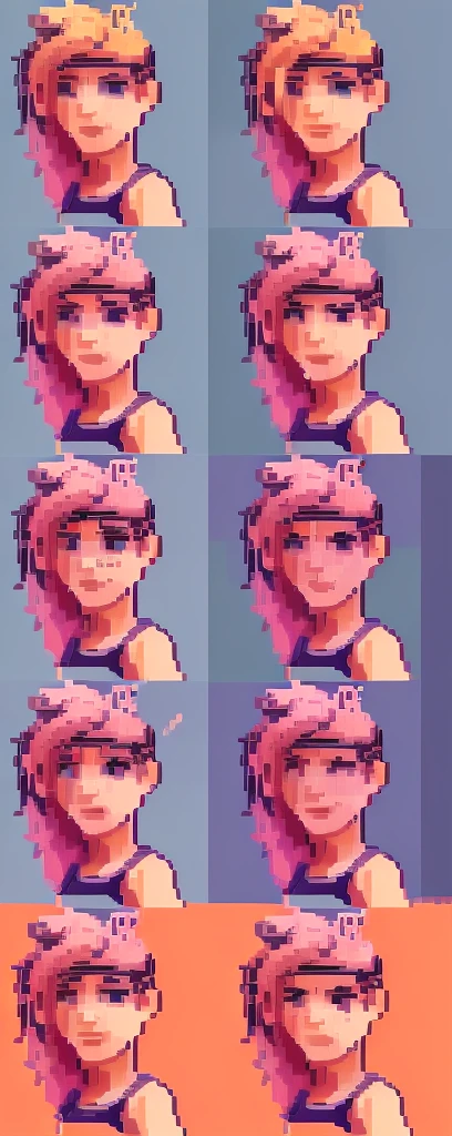 1 girl, upper body portrait, pixelated portrait sprite starde valey, narrow frame broad shoulders, incredibly broad muscular shoulders, incredibly muscular girl from stardew valley. Huge bulging muscles, feminine shapes.