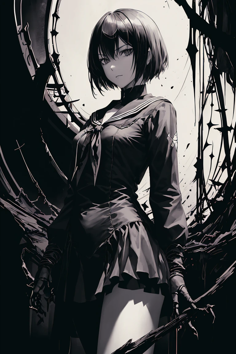 v5lcn style,ink art,(Best Quality,masutepiece:1.2),(black and white comic core:1.1),(extreme high contrast),Dark ink,1girl in,A dark-haired,Shadow on face、8K,resolution,High School Girl,Sailor Uniform,