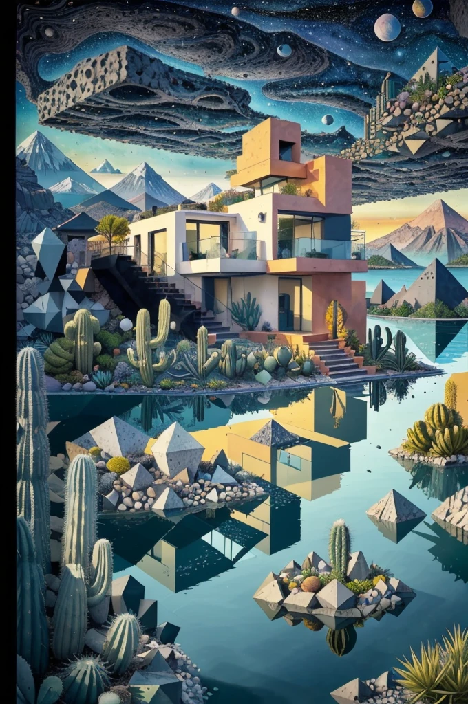 An illustration, collage style, David Hockney visual style, (((Luis Barragán's architectural style houses in middle of a lake))), big boulders, little cascade, mountains, volcanos, volcanic landscape, pool, stairs, beautiful gardens, abundant vegetation, cacti, agave, big clouds, sunset. Magazine cover, serif tipography, editorial design, masterpiece, An illustration in collage style, con rocas gigantes, Brutalist construction sections, escaleras, cactus, agave, textura de concreto, Multiple geometric shapes, hatch and cross hatching, planeta Saturno. ((masterpiece, best quality)),illustration,ultra detailed 8k. (((An illustration of a build designed by Luis Barragán))), with a desertic vegetation garden, (big rocks), ((cacti)), lake, volcano in horizon, smooth clouds, (((illustration collage format))), ((Escher's art style)), (((multiple sections))), (violet, blue, olive green, grey, black and white), hard shadows, (((geometric sculptures))), concrete sculptures, high contrast, dramatic, cinematographic, ((milky way galaxy)), intricate, intricate details, sharp focus,landscape