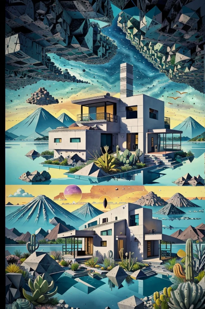 An illustration, collage style, David Hockney visual style, (((Luis Barragán's architectural style houses in middle of a lake))), big boulders, little cascade, mountains, volcanos, volcanic landscape, pool, stairs, beautiful gardens, abundant vegetation, cacti, agave, big clouds, sunset. Magazine cover, serif tipography, editorial design, masterpiece, An illustration in collage style, con rocas gigantes, Brutalist construction sections, escaleras, cactus, agave, textura de concreto, Multiple geometric shapes, hatch and cross hatching, planeta Saturno. ((masterpiece, best quality)),illustration,ultra detailed 8k. (((An illustration of a build designed by Luis Barragán))), with a desertic vegetation garden, (big rocks), ((cacti)), lake, volcano in horizon, smooth clouds, (((illustration collage format))), ((Escher's art style)), (((multiple sections))), (violet, blue, olive green, grey, black and white), hard shadows, (((geometric sculptures))), concrete sculptures, high contrast, dramatic, cinematographic, ((milky way galaxy)), intricate, intricate details, sharp focus,landscape